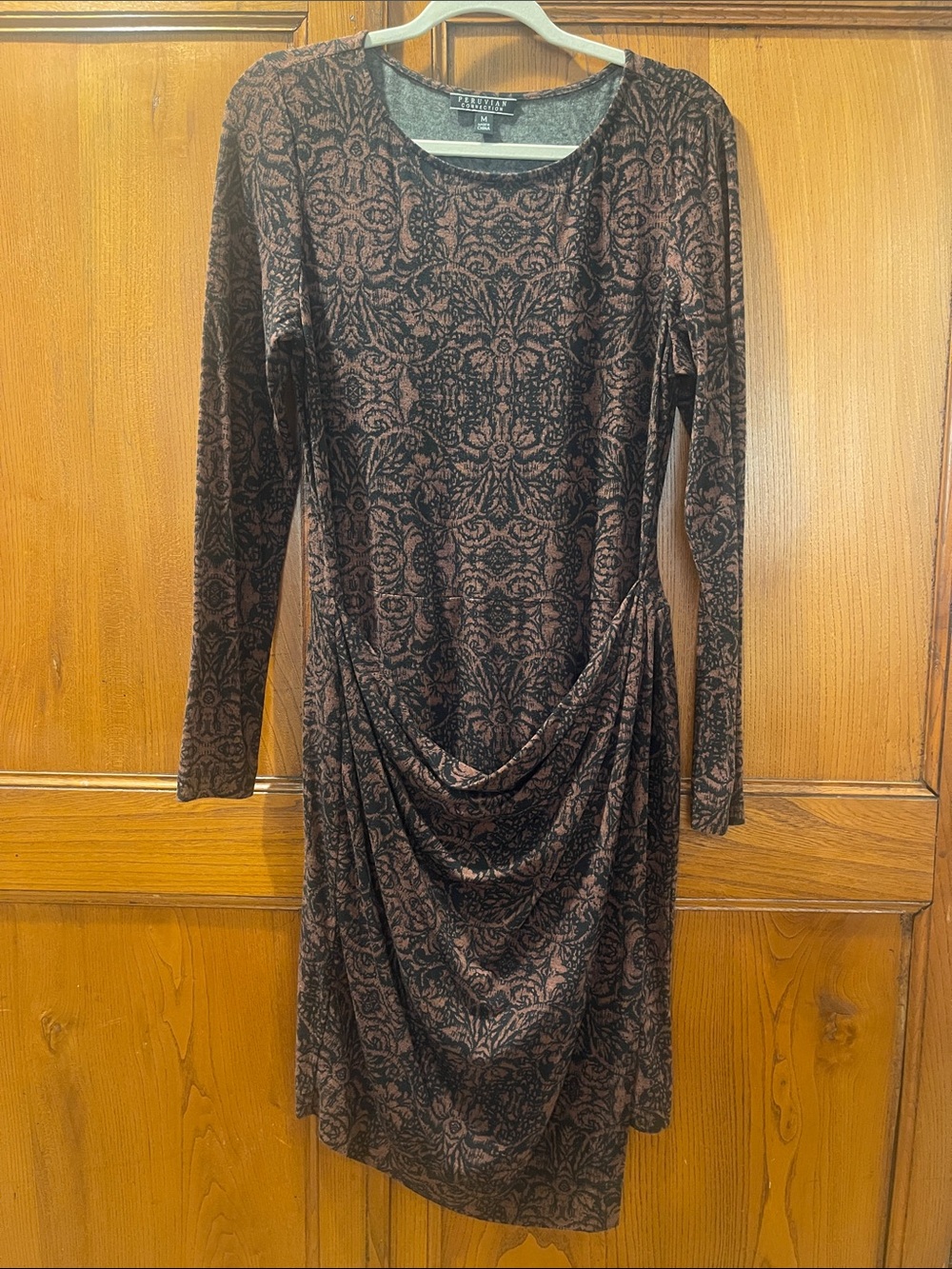 Peruvian Connection Brown and Black Long Sleeve Draped Bodycon Midi Dress